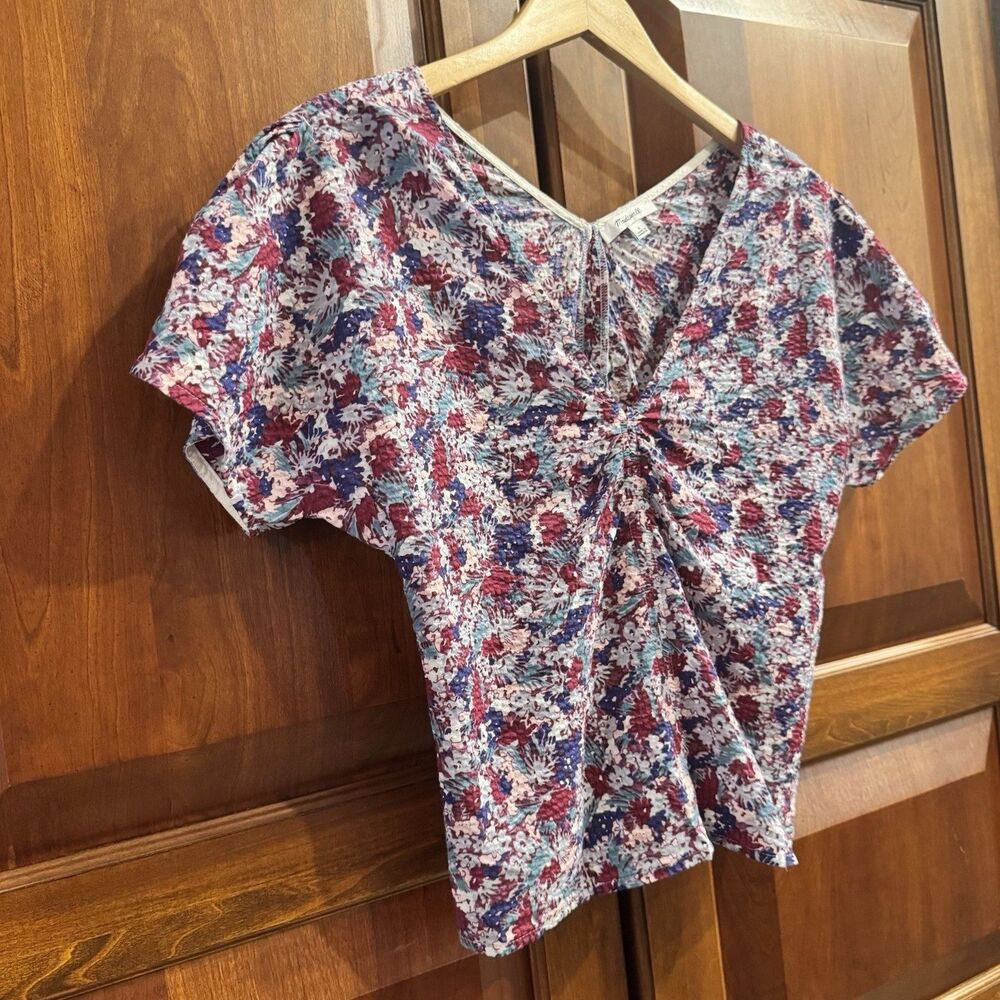 Madewell Floral Seersucker Short Sleeve Top Ruched Front Side Zip Size 6 - Picture 6 of 10